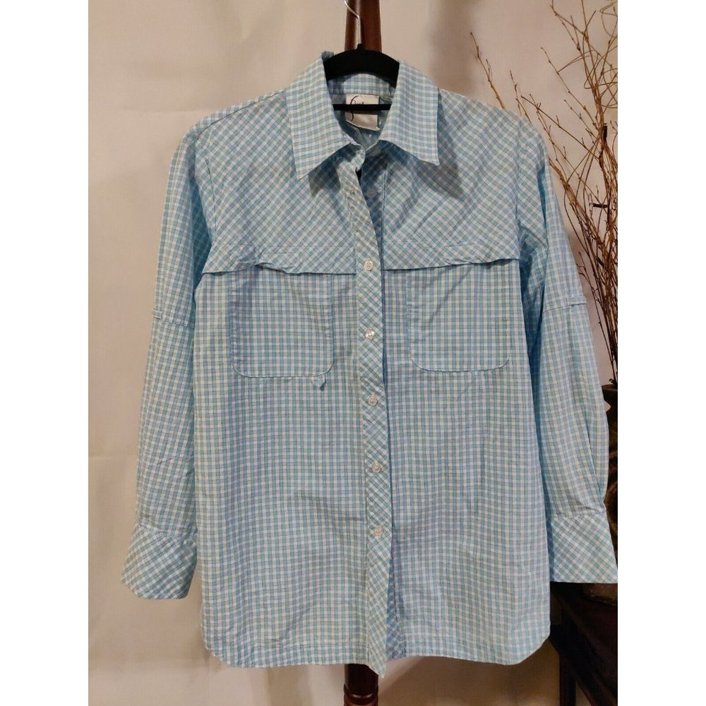 Finley women's XS top blue white checker collar LS button up front pockets EUC